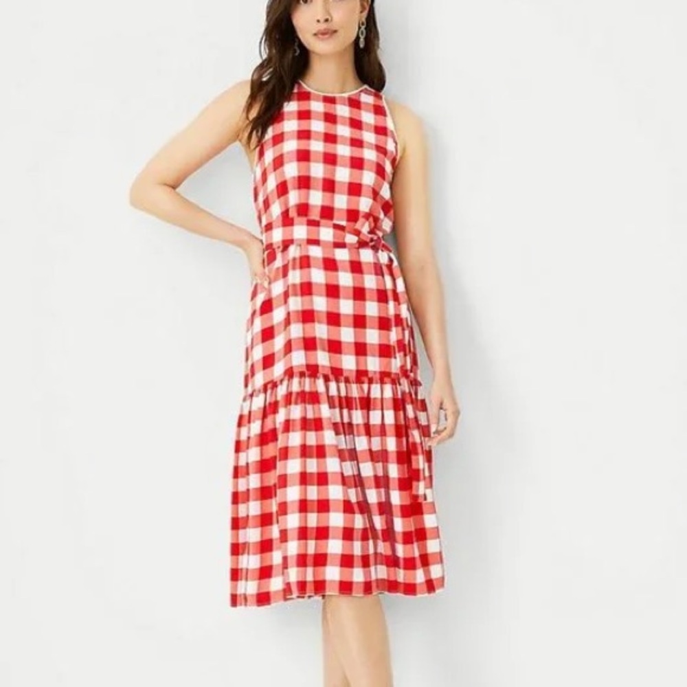 Ann Taylor Red and White Gingham Midi Dress